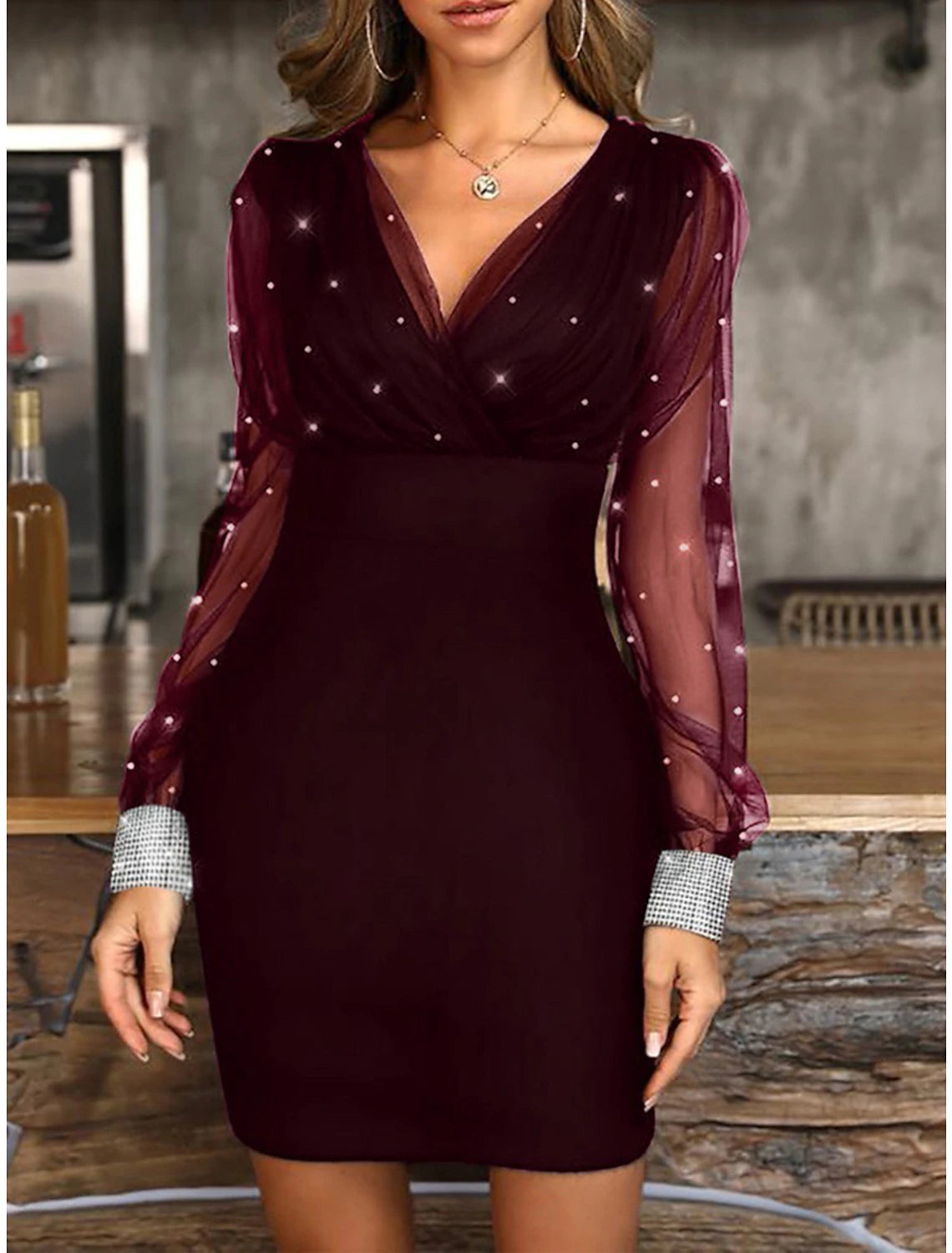 Abito da festa di Natale da donna, abito da ballo, abito da cocktail, abito corto aderente, nero, blu, manica lunga, colore puro, arricciato, autunno, inverno, scollo a V, moda, vacanza